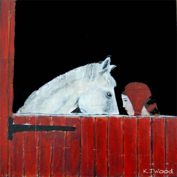 Original Acrylic Portrait Painting Contemporary Little girl, child, red kerchief, white horse, Whimsical, Art, Animal, Red Barn