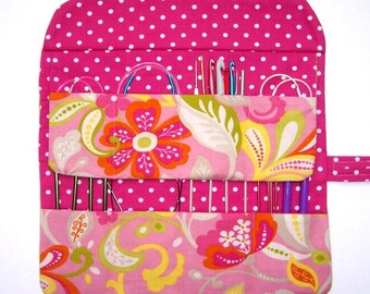 Circular Knitting Needle Roll, Pink Yellow Green Floral Knitting Organizer, Polka Dot Crochet Hook Holder, Double Pointed Needle Storage