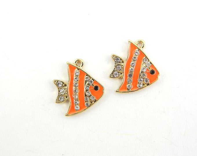 Pair of Small Orange Epoxy Angel Fish Charms Gold-tone