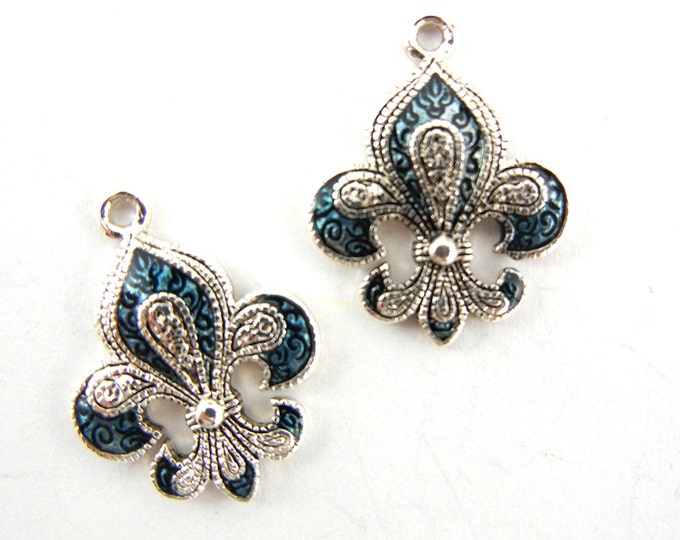 Small Pair of Antique Silver-tone Fleur De Lis Charms with Blue Wash Accent