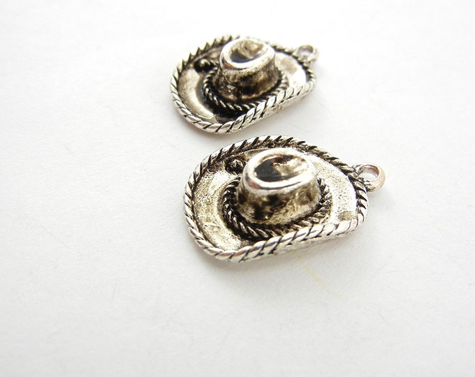 Pair of Small Dimensional Cowgirl or Cowboy Hat Charms Antique Silver-tone