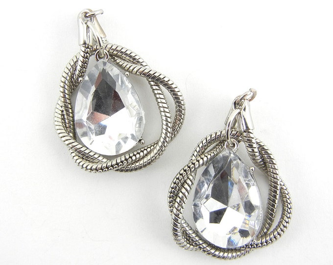 Pair of Faceted Acrylic Clear Teardrop Charms with Silver-tone Snake Chain Braiding