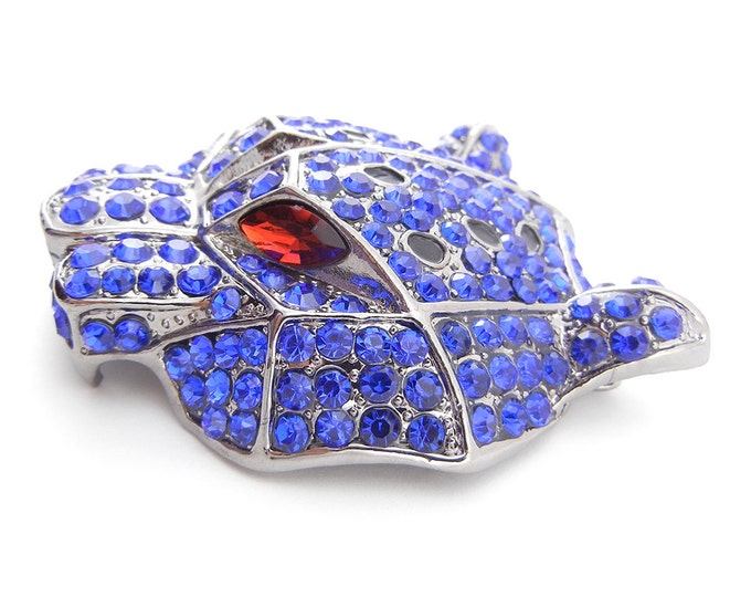 Huge Hematite Jaguar or Lion Head Double Link Pendant Sapphire Blue Rhinestones Red Eyes