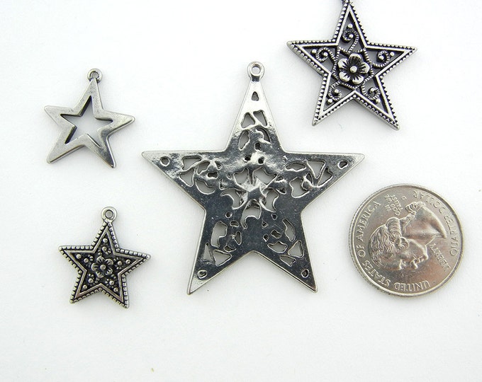 Set of 4 Antique Silver-tone Star Charms