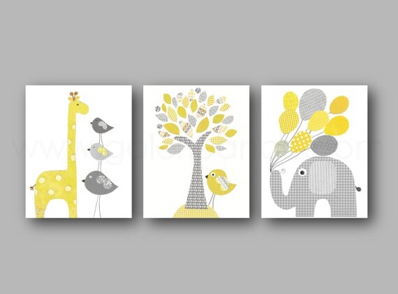 Baby Boy Nursery Decor Yellow and gray nursery wall art Baby Girl Nursery art Kids wall art elephant nursery giraffe - Set of three prints by GalerieAnais