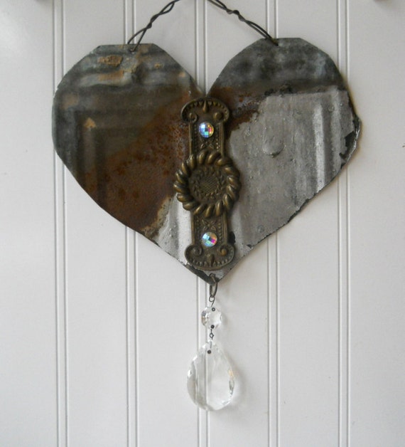 Rusty tin heart hanging or large ornament by hopeandjoystudios