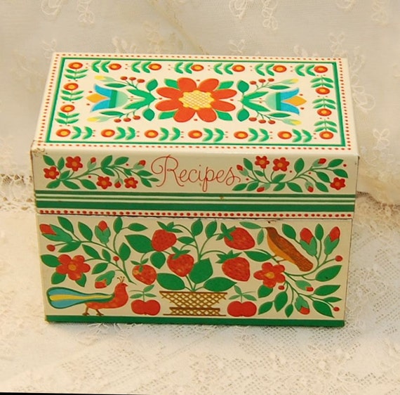 Vintage Hallmark Metal Recipe Tin Box Retro Strawberry Bird
