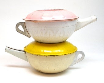 1930's Tin Toy Tea Pots in pink & yellow, Instant Collection of Ohio Art.