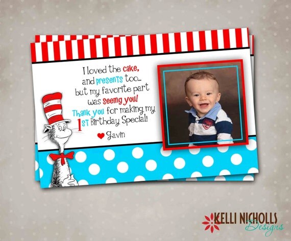 Cat in the Hat Children's Photo Birthday Party Thank You Card, Dr Seuss Thank You Note