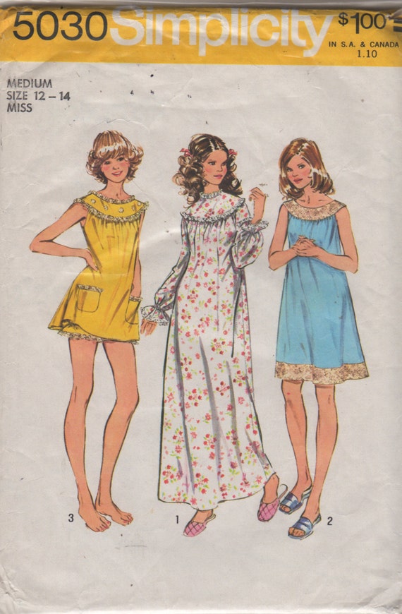 Simplicity 5030 1970s Misses Baby Doll Pajamas Nightgown Pattern Womens Vintage Sewing Pattern Size Medium Bust 34 36 OR Small Bust 31 32