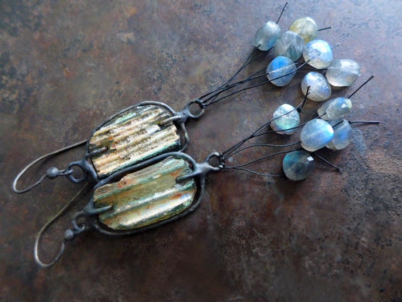 Wind and Water. Roman glass, labradorite, solder and sterling silver rustic bohemian assemblage earrings.