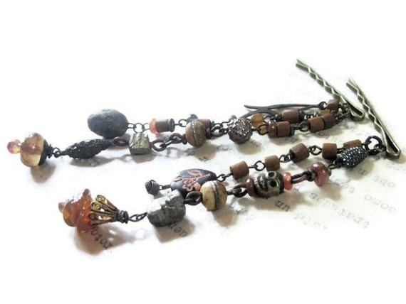 Pirate Queen. Victorian Tribal bead strand hairpins with lampwork, pyrite, yak bone, rustic gypsy antique vintage.
