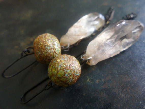 Apotheosis. Rustic assemblage earrings. Rough crystal quartz with crackled polymer art beads.