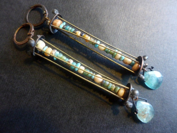 Ocean Foam. Ancient glass in caged rustic assemblage earrings with apatite gemstones.