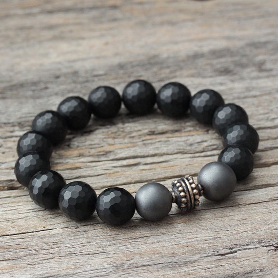 Unisex Black Agate Onyx Lava Stone Hematite Bead Bracelet – Adjustable Elastic Stretch, 8mm Rounds