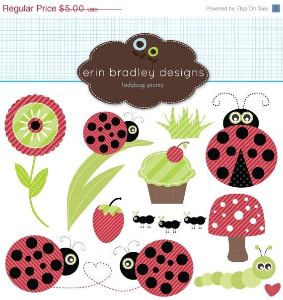 50% OFF SALE Ladybug Picnic Clipart Clip Art for Personal and Commercial Use in Black Red Green Polka Dots and Stripes Il_570xn
