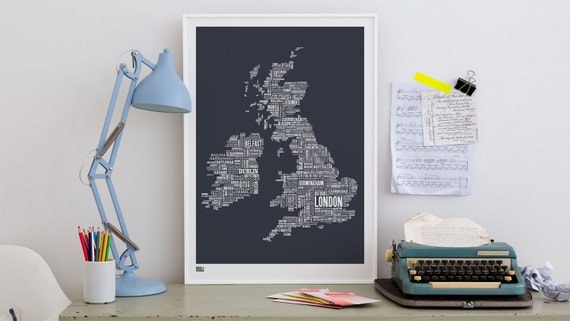 British Isles Type Map decorative screen print by boldandnoble