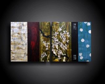 Abstract Painting Modern Painting THE RAW CANVAS Wall Art Modern Art OriginalContemporary Painting Blue green Red White blossoms 24 x 48