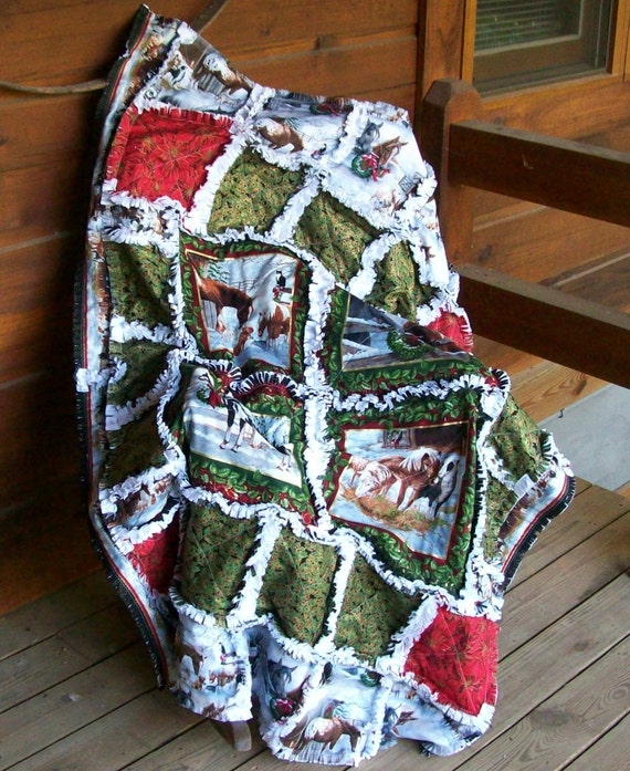 Christmas Western Horse Pony Rag Quilt Blanket Throw