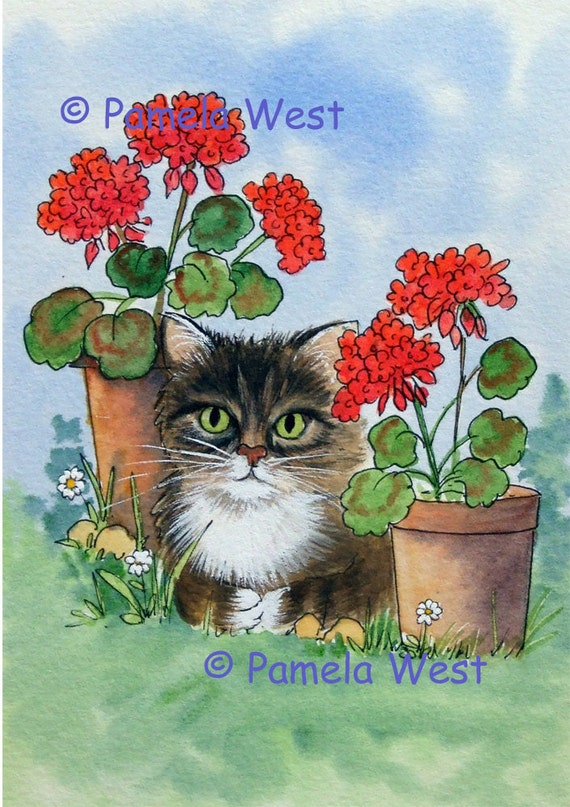Cat and Geraniums. Digital Download Designer Resource by wilmasart
