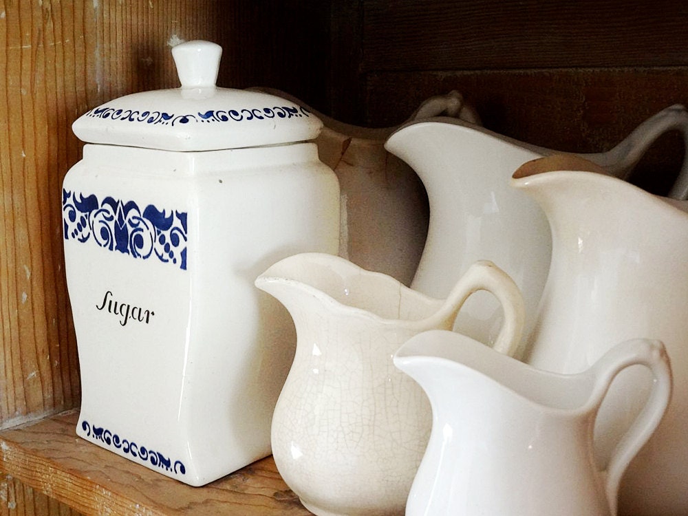 vintage kitchen container white and blue ceramic sugar