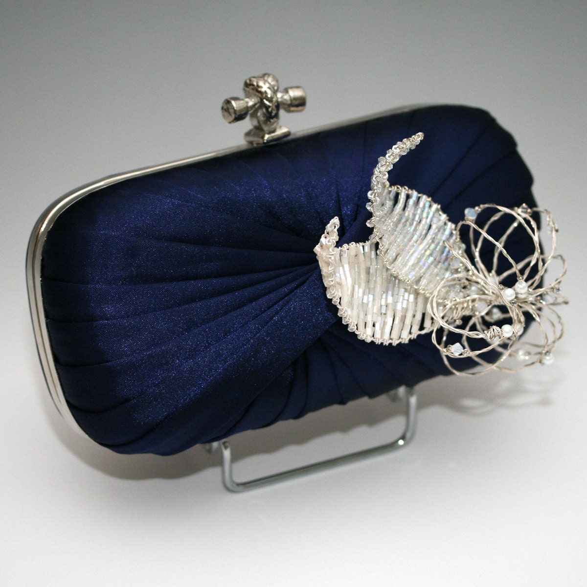 Navy Blue Satin Evening Wedding Clutch Bag Handbag Elegant