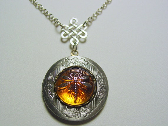 Gold Dragonfly In Amber Etched Locket Celtic Knot Drop Chain