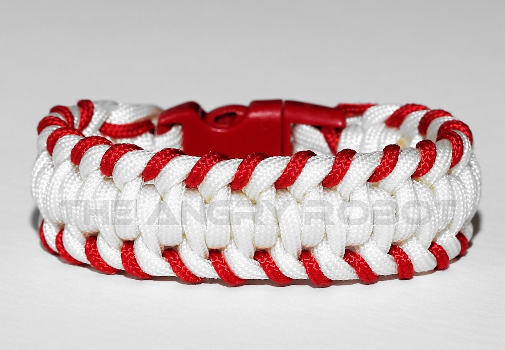 Baseball Stitched Paracord Bracelet White Red Red Buckle