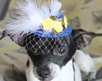 Cute blue color mini hat with feather and flowers for dog or cat