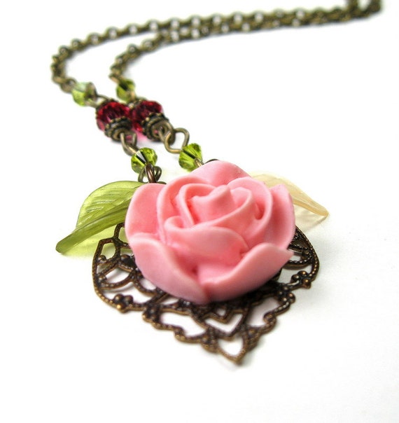 Resin Flower Necklace Rose Pink Womens by jewelrybyNaLa on Etsy