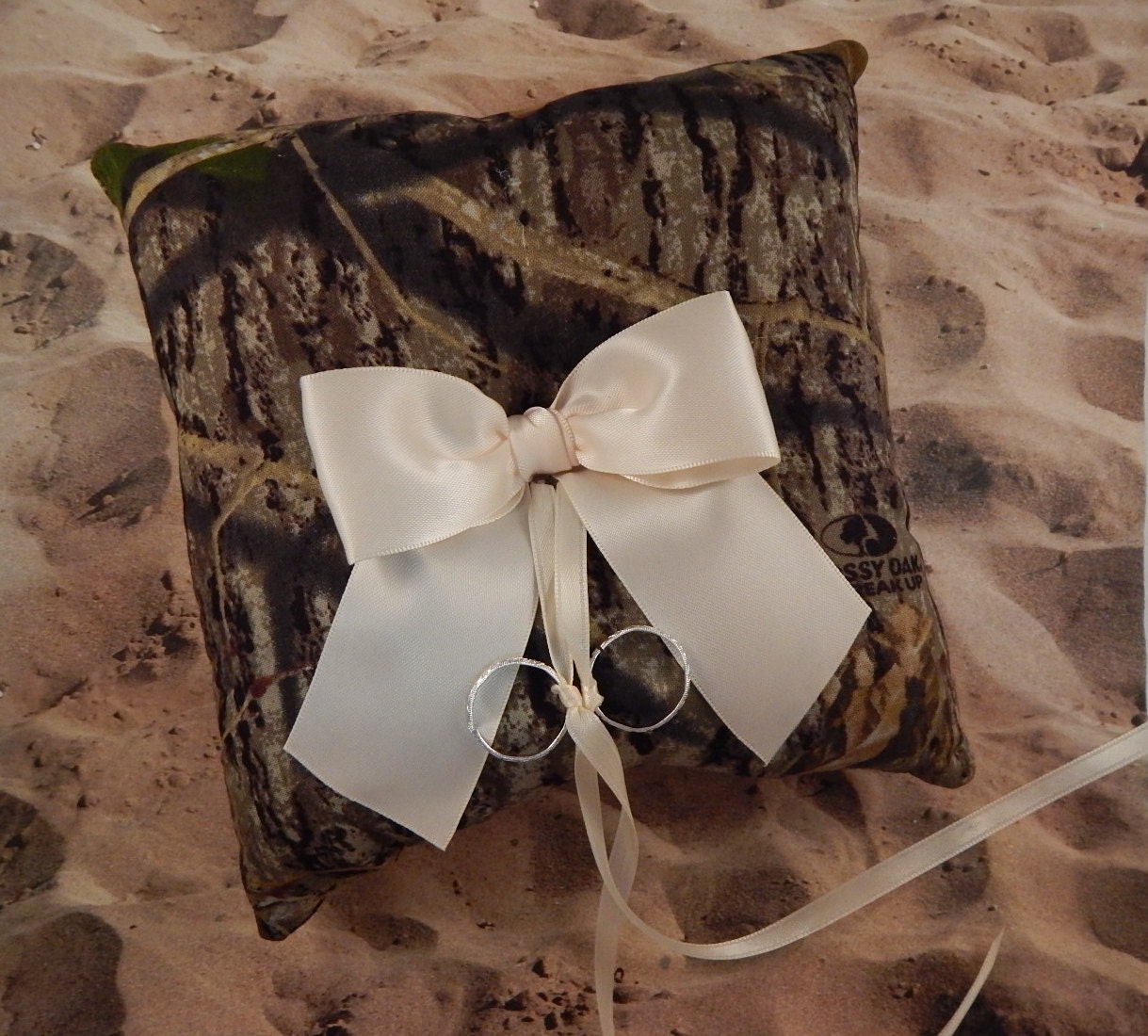 Camo Camouflage Ivory Bow Wedding Ring Bearer Pillow by jbconaway