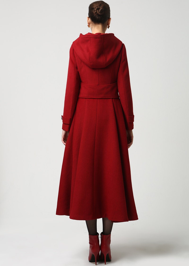 Womens Coat Long Red coat hooded coat Wool Coat Military