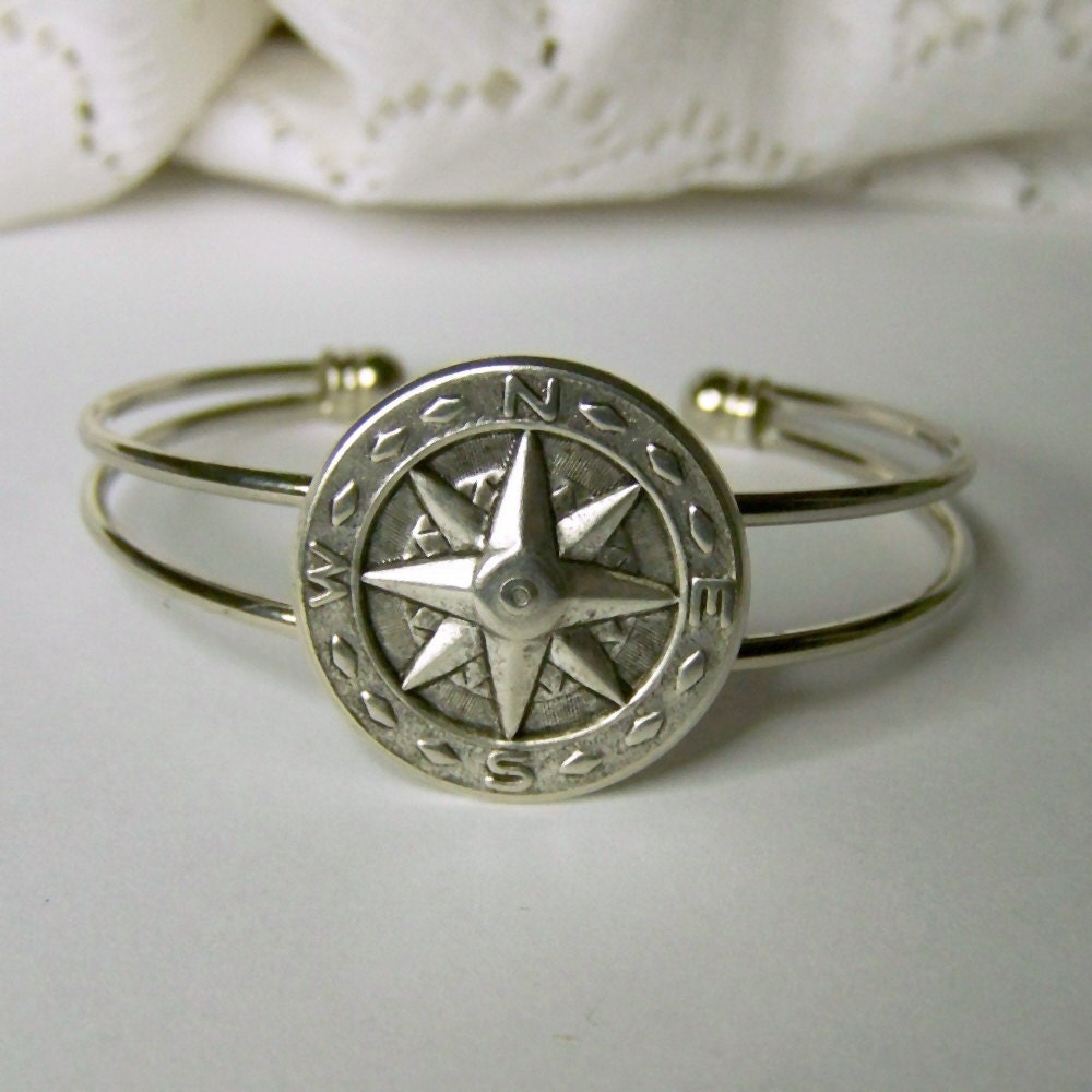 Compass Rose Bracelet Adjustable Silver Bangle Cuff