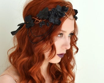 Black floral crown, flapper headpiece, flower headdress, black wreath, hair accessories by gardensofwhimsy - Hemlock