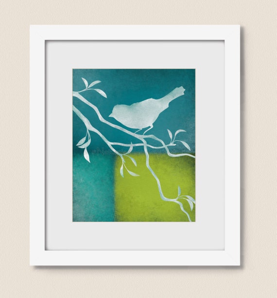 Turquoise Bird on Branch 8 x 10 Wall Art Print Blue Green