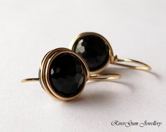 Gold Earrings, Black Faceted Onyx Earrings, Gemstone Earrings, Wire Wrapped Earrings, 14kt Gold Filled, RiverGum Jewellery