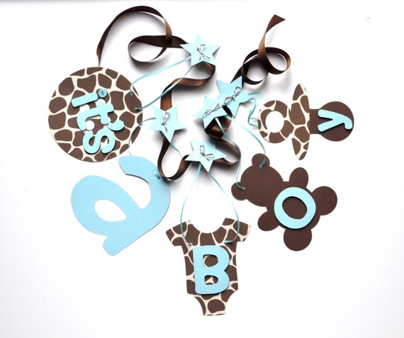 Giraffe baby shower decorations blue and brown it's a boy banner by ParkersPrints on Etsy Il_570xn