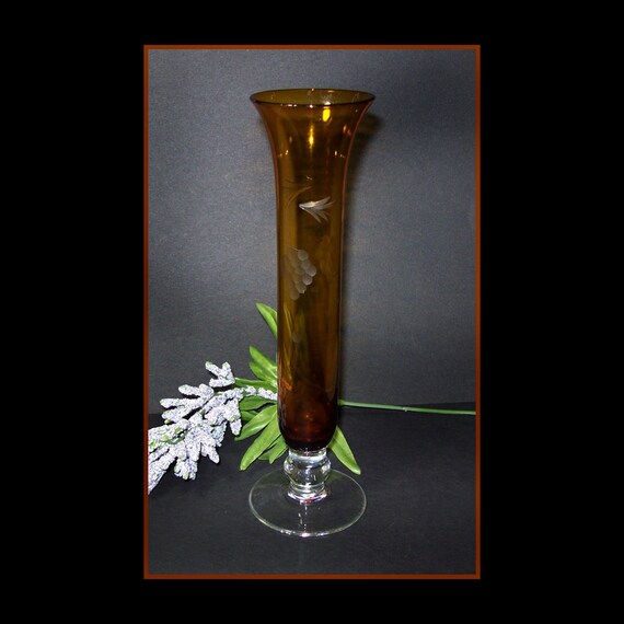 Vintage Amber Glass Bud Vase with Etched Grapes / Mid Century