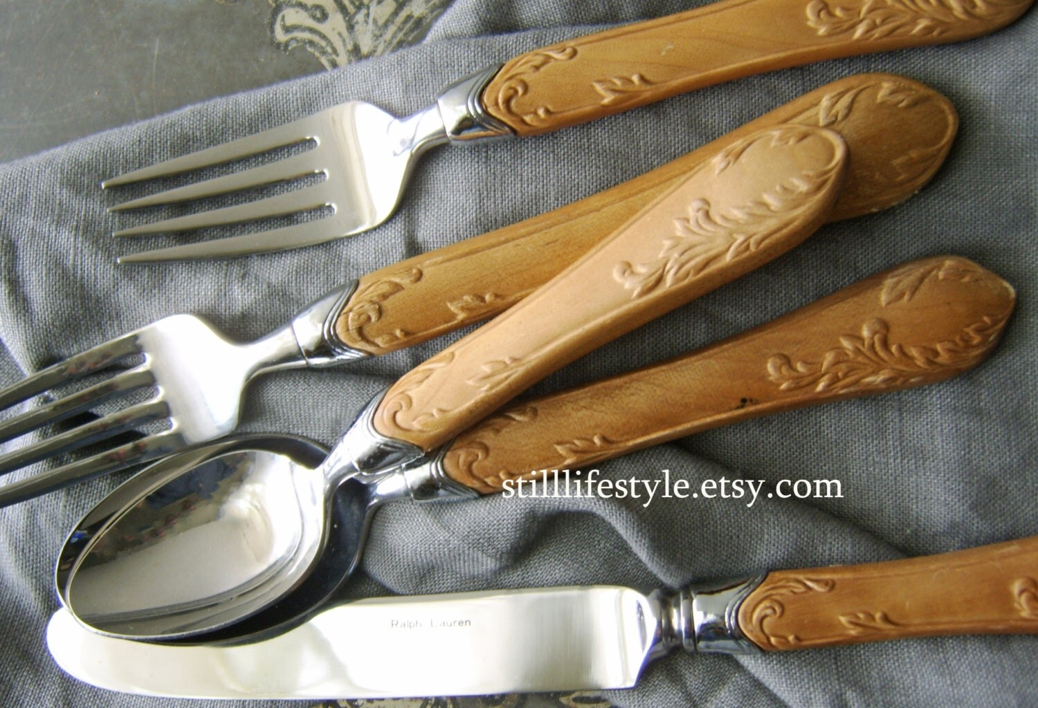 Items similar to Ralph Lauren Silverware, Wood Handle Flatware, Vintage