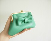 jade green faux leather retro coin purse with bow, Kiss Lock Wallet