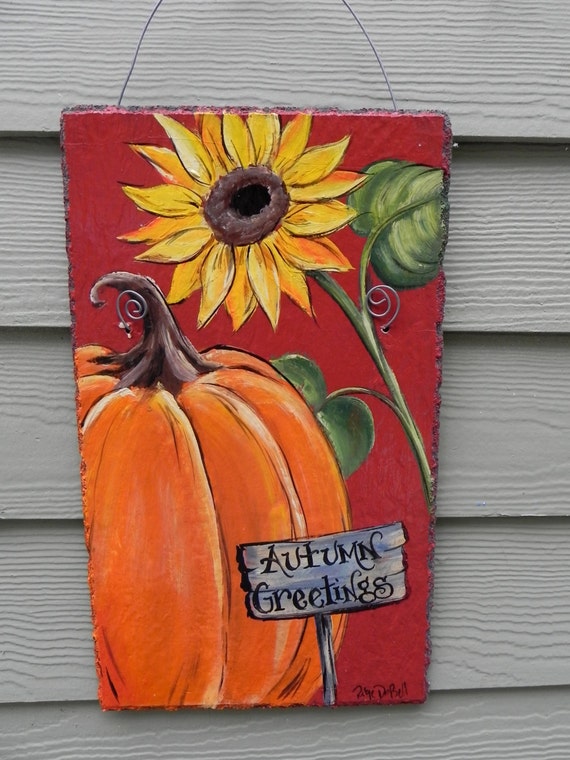 Pumpkin and Sunflower Autumn Welcome Hand Painted Slate