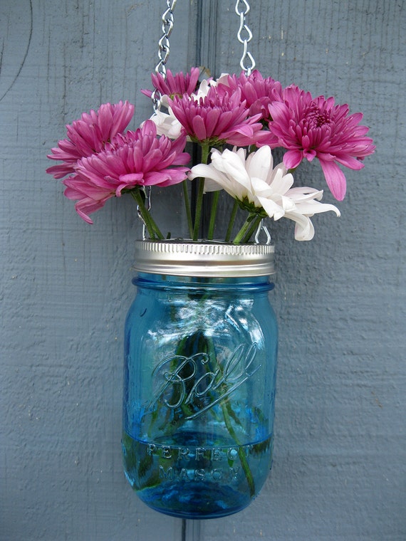 Mason Jar Vase with Flower Frog and Hanger by tickledpinkgoods