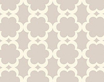 TAZA Fabric Tarika Dena Quatrefoil Print Lattice Work Creamy White and Gray Grey