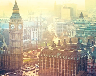 London Art, Big Ben, Aerial Photography, Travel Europe, Brown Yellow Tan Blue Gradient, Urban, City London, London Big Ben