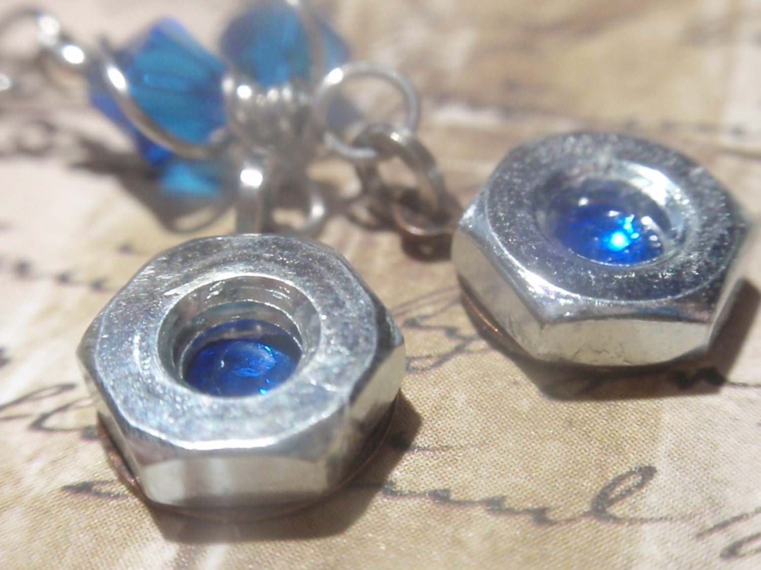 Hex Nut Earrings with Sapphire Blue Crystal genuine hardware Steel nuts on surgical steel ear wire Large 10