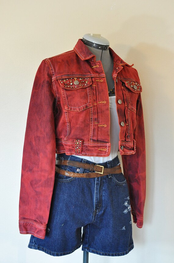Red Jrs. Large Denim JACKET Red Hand Dyed Upcycled Hint Jean