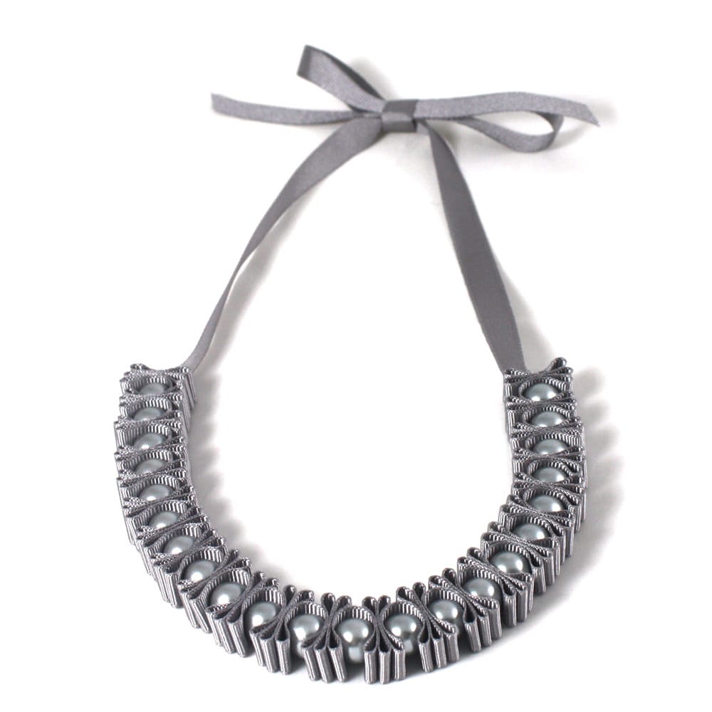 Grey 3 Pleat Pearl Ribbon Necklace Beaded Ribbon Necklace
