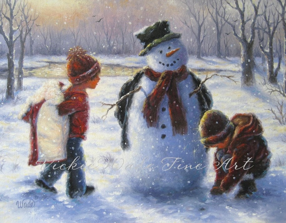 Snowman & Children Art Print snowman painting children and