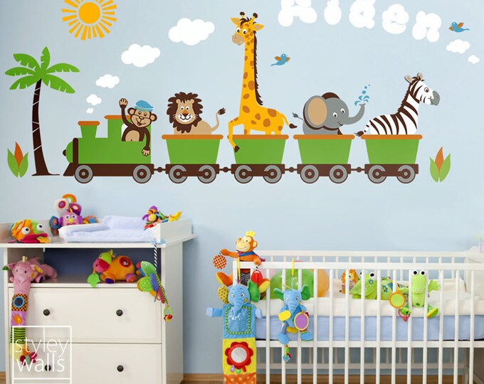 Jungle Safari Animals Train HUGE Wall Decal Set, Personalized Monkey Zebra Giraffe Elephant Lion Nursery Kids Playroom Room Sticker