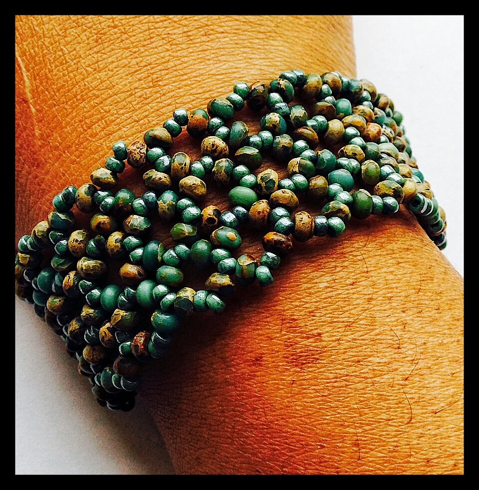 Green Wide Beaded Cuff Bracelet Handmade Cuff Bracelet